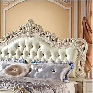 Luxury Solid Mahogany Wood <b>Bed</b> Frame with Hand Carving PU Leather Classic Design Handmade Process for Indoor Bedroom Use - Product Image 3