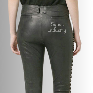 Pantalon en cuir pour dames Nouveau pantalon ajusté en cuir de mouton véritable de style lacets latéraux pour femmes - Product Image 3