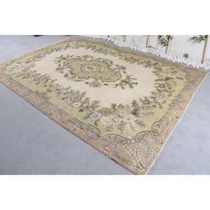 Alfombra turca vintage de 7,1x10,2 pies, tradicional, verde, beige, tejido plano, diseño de retazos, látex de lana para sala de estar, Aubusson - Product Image 2