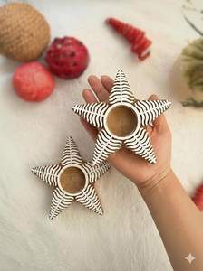 Star Shaped Brown and White With Snowflake Effect Designed 3D Wooden <b>Candle</b> Tea Light Holders for Home Decor for Christmas Party - Product Image 3