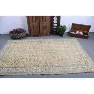 Vintage 5.5x8.5 ft Rug, Turkish Rug, <b>Yellow</b> Check <b>Wool</b> Rug - Product Image 3