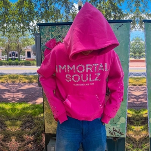 Fuchsia Strass Personnalisés Streetwear Sweat à Capuche Zippé Poids Lourd Surdimensionné de Haute Qualité Sweat à Capuche Hommes - Product Image 3