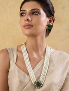 Conjunto de collar Polki de diseñador victoriano con pendientes chapados en oro de lujo para bodas o fiestas de aniversario de compromiso - Product Image 2