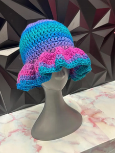 Crochet Ruffle Bucket <b>Hat</b> in Mermaid Colorful Checkered Design Made of Cotton Silk Yarn for Daily Party Outdoor Fishing Use - Product Image 6