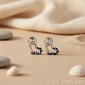 Boucles d'oreilles clous tendance en laiton plaqué rhodium avec zircons bleus pour femme, idéales pour les fêtes ou comme cadeau - Product Image 2