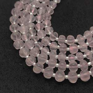 Brins de perles de citrouille sculptées en quartz rose Fournisseur de pierres précieuses en vrac de 8 pouces-Perles de melon - Product Image 1