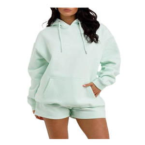 Conjunto corto de Sudadera con capucha de gran tamaño para mujer, ropa deportiva de verano, ropa informal estilo Hip Hop, caída en el hombro, estampado sólido lavado - Product Image 3