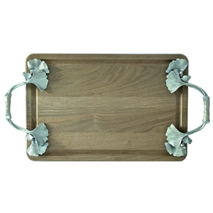 ถาดเสิร์ฟทรงรีทำจากไม้มะม่วงธรรมชาติพร้อมด้ามจับโลหะรูปใบแปะก๊วยสีเงินหรูหราสำหรับใช้ในบ้านโรงแรมและร้านอาหาร - Product Image 4