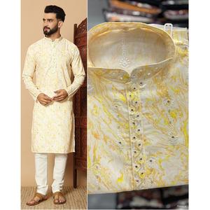 Pyjama Kurta en lin de qualité lourde ethnique indien pour hommes vêtements traditionnels imprimés broderie séquence travail pakistanais - Product Image 1