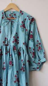 Vestido Midi de algodón bohemio informal de verano para mujer, silueta holgada, estampado de bloque Floral largo, cintura Natural, Mini transpirable - Product Image 4