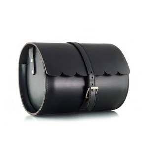 Black Genuine <b>Leather</b> Barrel <b>Bag</b> With Ruffles Buckle Closure Minimalist Design Unisex Daily Use - Product Image 1