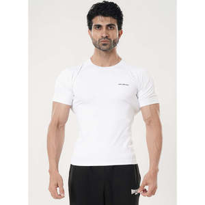T-shirt de compression blanc pour homme, coupe ajustée, manches courtes, col rond, haut de performance athlétique, 100 % polyester - Product Image 1