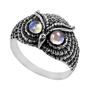 Anillo Creativo de Búho y Ojo Blanco para Mujer y Hombre, Diseño de Animal Bonito, Joyería Bohemia con Piedra Lunar Arcoíris de Corte Redondo - Product Image 1