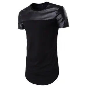 Custom Made Black Color Elongated Slim Fit O Neck Round T Shirt With Leather Sleeve OEM Hot Selling Training Outer Wear T Shirts