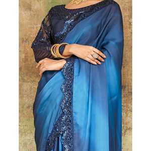 Blue Satin Party Wear Saree with Embroidered <b>Blouse</b> Attractive Prom Dresses - Product Image 5
