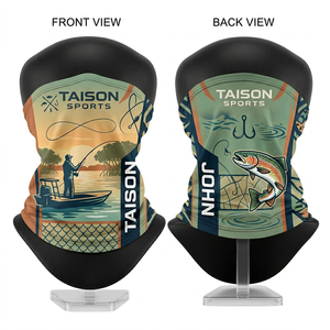 Cache-cou de pêche pour hommes en tissu respirant GSM Premium Polyester Spandex, vert et bleu, avec imprimé poisson sur panneau latéral et logo personnalisé par sublimation - Product Image 5