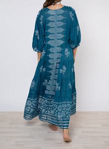 Bohemian V-Neck Floral Print Jersey Maxi <b>Dress</b> with Puff Sleeves Loose Mid-<b>Calf</b> Casual 100% Cotton Eco-Friendly A-Line for Women - Product Image 3
