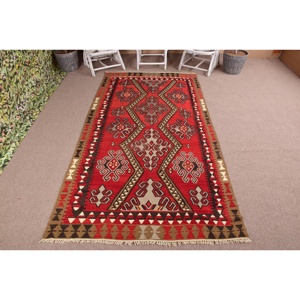 5.1x9.8 ft <b>Wool</b> Rug Large Turkish <b>Red</b> Patchwork Kilim Southwestern Rug with Latex Backing Eco-Friendly Traditional Home Decor - Product Image 1