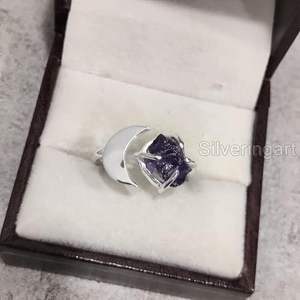 Bague pour femme en argent sterling 925, pierre précieuse améthyste brute naturelle, pierre de naissance de février, lune croissante, bijoux faits à la main - Product Image 1