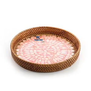 ชุดถาดหวายทรงกลมทำมือคุณภาพสูงถาดเสิร์ฟหวายทรงกลมธรรมชาติเป็นมิตรต่อสิ่งแวดล้อมในเวียดนามสีชมพู - Product Image 2