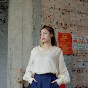 Blusas elegantes con cuello en V 100%, blusas ligeras tejidas de rayón con mangas voluminosas, tipo a cuadros, estilo Formal holgado - Product Image 4