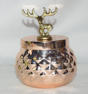 Pot de bougie unique en or rose avec un cerf en or sur le couvercle Vente en gros Directement de l'Inde pot de bougie en métal laiton et cuivre - Product Image 1