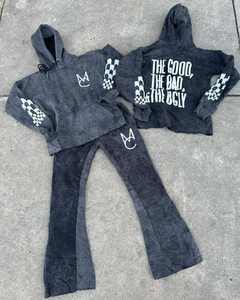 OEM Custom <b>Cotton</b> Print Men's Winter Tracksuit <b>Raw</b> Hem Edge Hoodie with for Puff Print Pant Stacked Flared Jogger Two-Piece Set - Product Image 5