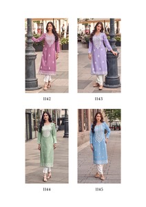 Calidad de exportación India Estilo moderno Pure Rayon Viscos Kurti Pant & Dupatta con Lakhnawi Stitch Work Compras en línea India - Product Image 6