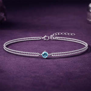 NOVAMART Fine Silver Sky Blue Solitaire Double Chain <b>Bracelet</b> Rhodium Plated Charm Trendy Religious Style Featuring Zircon Diamo - Product Image 2