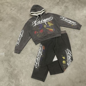 Ensemble de survêtement pour homme avec logo personnalisé, impression numérique hip-hop, délavage acide, strass, double couche, sweat-shirt à capuche court et pantalon de survêtement - Product Image 5