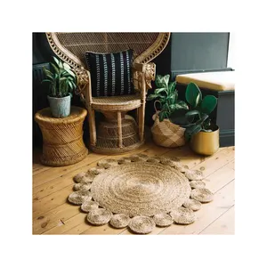 Jute Area Round Rug Hand Woven Braided Round Rag Rugs Designer Living Room Floor Rug Carpet Indian Natural Plastic Embroidered