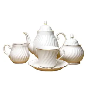 Thai Design Handmade Product Coffee & Tea Pot Set with Handgrip Tableware White Bone China Ceramic for Healthy Drink