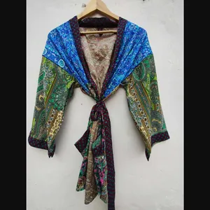 Moda Senhora sobre o tamanho senhora impressão faux seda kimono casaco maxi vestido Kimono gola frente aberta sem fechamento largo quimono mangas macias