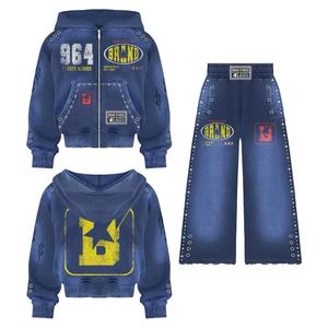 Pantalon de survêtement unisexe personnalisé lavé à l'acide avec broderie en strass Baggy Fit Terry sérigraphie style déchiré ODM approvisionnement pour hommes - Product Image 1