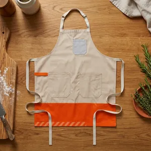 Tablier en toile beige et orange, plusieurs poches, robuste, réutilisable, pour la cuisine et l'usage quotidien, style simple, tissu tissé - Product Image 1