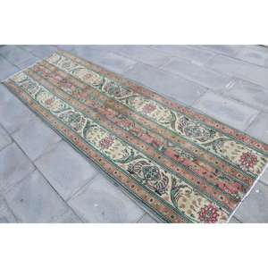 Alfombra Vintage, Alfombra Turca de 2.9x9.2 pies, Alfombra Oriental de Lana Roja y Azul - Product Image 2