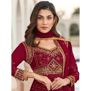 ชุดเดรสทำงานผ้าจอร์เจียต์สีเบอร์กันดีแบบแม่เหล็ก พร้อมลายปัก - Product Image 5