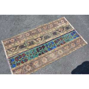 Tapis Turc Vintage 2.3x3.9ft Bleu Beige Plat Tissage Laine Patchwork Design pour Salon ou Couloir Décorations - Product Image 4