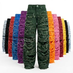 OEM ODM Jeans en denim déchiré épais en coton 450 GSM, jambe large, style streetwear, coupe ample, décontracté, tendance - Product Image 1