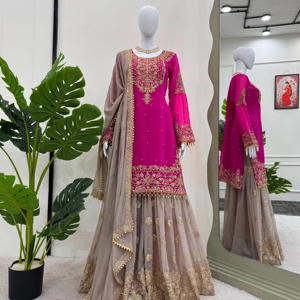 Beautiful <strong>Designer</strong> <strong>Suit</strong> And Plazzo-Dupatta With Coding &amp; Sequence Work - Product Image 1