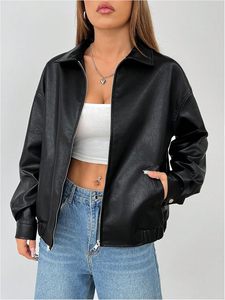 Chaqueta de piel sintética con cremallera para mujer, abrigo de manga larga con hombros caídos - Product Image 3