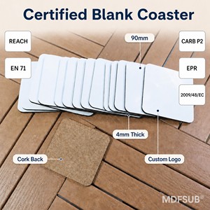 Posavasos Cuadrado de MDF Sublimable de 90x90mm, Certificado CARB P2 EN71, con Base de Corcho de 4mm, Personalizable con Logotipo, para Prensa de Calor, MDFSUB - Product Image 3
