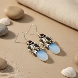 ต่างหูเงินแท้ 925 ประดับด้วยหินคาลเซโดนีและโกเมน ดีไซน์แบบโคมระย้า สำหรับผู้หญิง เหมาะเป็นของขวัญ เครื่องประดับ - Product Image 2