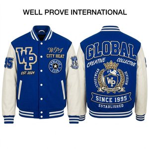 Veste universitaire personnalisée en toile 500 GSM, panneau contrastant rouge et blanc, broderie chenille, strass, manches en polyester, devant - Product Image 2
