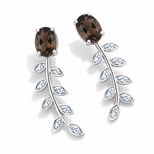 Modernos Pendientes Colgantes de Hoja con Cuarzo Ahumado y Circonita Cúbica para Mujer, Plata de Ley Fina con Baño de Rodio, para Aniversario o Compromiso - Product Image 3