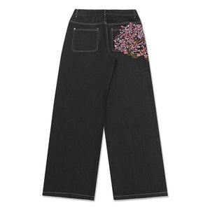 Jean en denim noir à jambes larges, tissu en coton tricoté, taille mi-haute, délavé à la pierre, brodé, vintage, streetwear hip-hop - Product Image 3