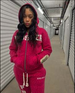 Survêtements à fermeture éclair en strass pour hommes survêtements à broderie en détresse ensembles sweat à capuche et pantalons survêtement à fermeture éclair en strass - Product Image 5