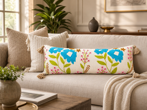 Funda de Cojín Lumbar Bordada a Mano con Diseño Floral de Algodón, con Borlas en las Esquinas, Color Turquesa, para Decoración de Sofá - Product Image 2