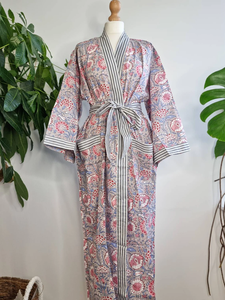 Kimono de verano con estampado de bloques indios de algodón puro para casa | Coverup de playa floral/maternidad cómoda - Product Image 2