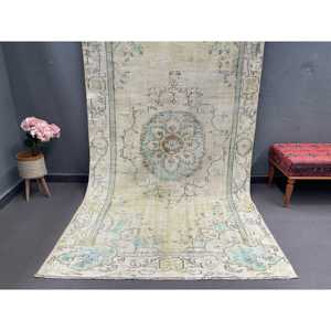 Alfombra Turca, Alfombra Vintage Grande de 5x9.4 pies, Alfombra Marroquí Verde Azul - Product Image 1